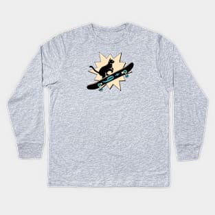 Cool Skater Black Cat in orange Kids Long Sleeve T-Shirt